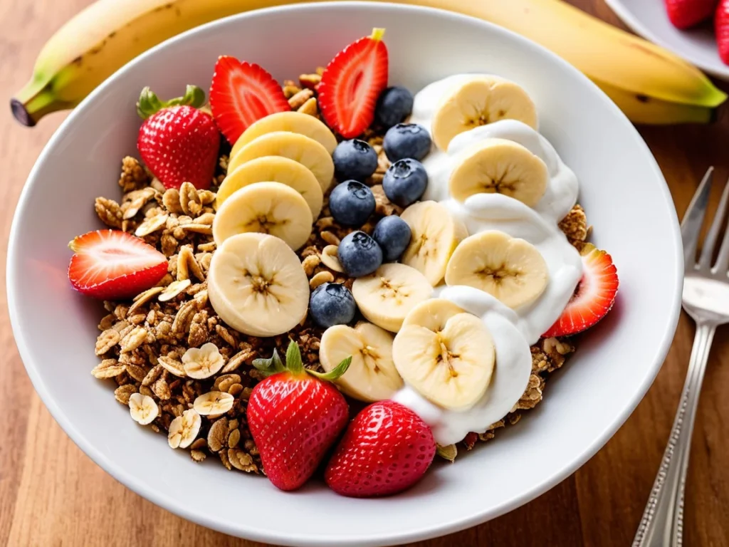 A bowl of homemade granola topped with Greek yogurt, sliced bananas, and strawberries