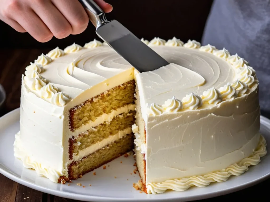 A spatula spreading cream cheese frosting over a layer cake