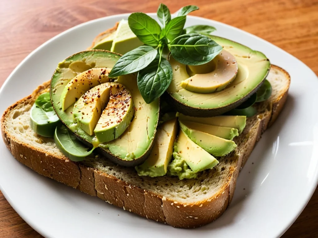 Avocado toast on whole-grain bread, topped with sliced radishes and microgreens