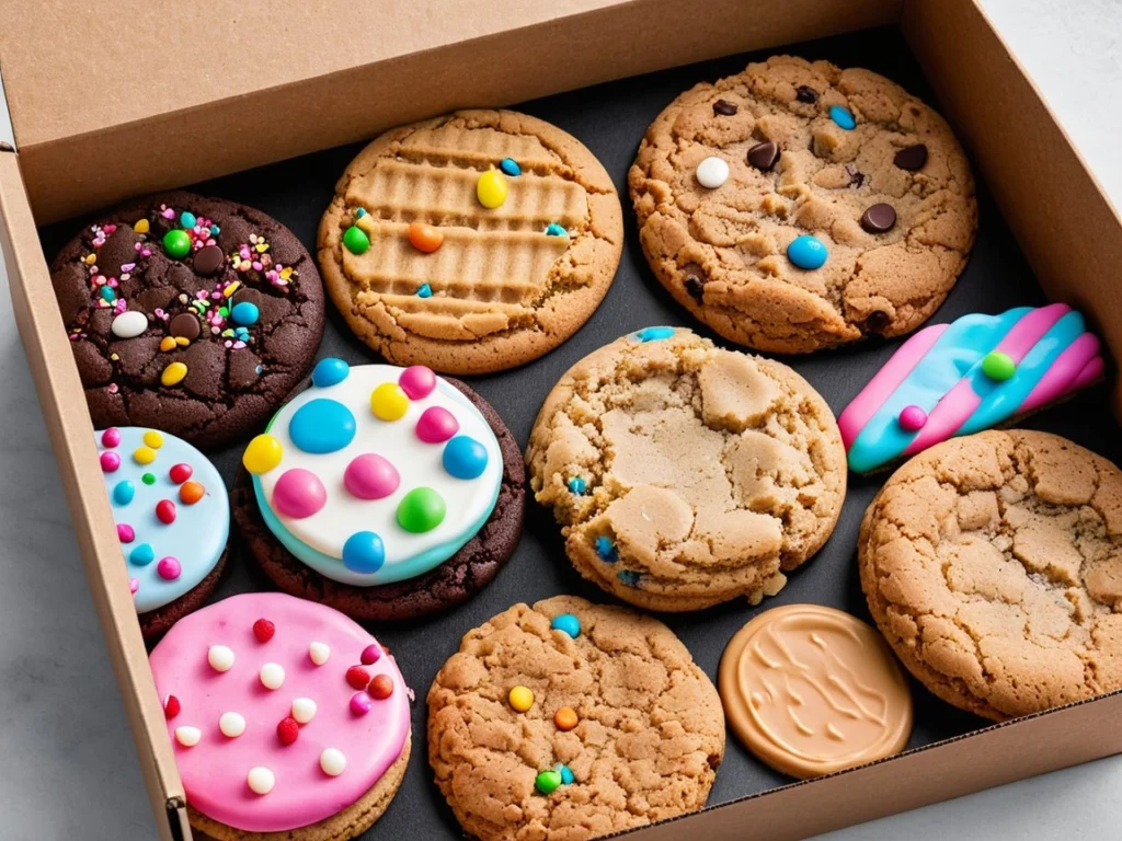 Crumbl cookie box filled with popular flavors like peanut butter and birthday cake