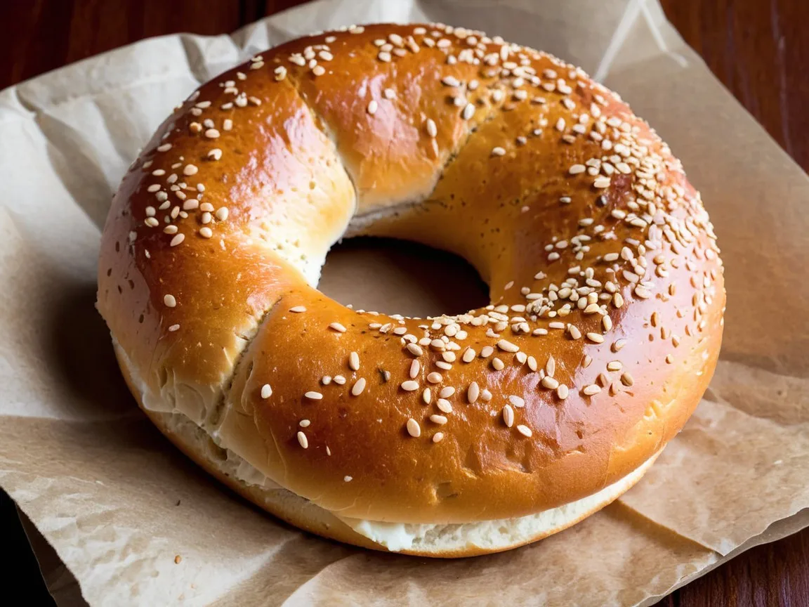 Freshly baked classic bagels on a wooden board with cream cheese and sesame seeds