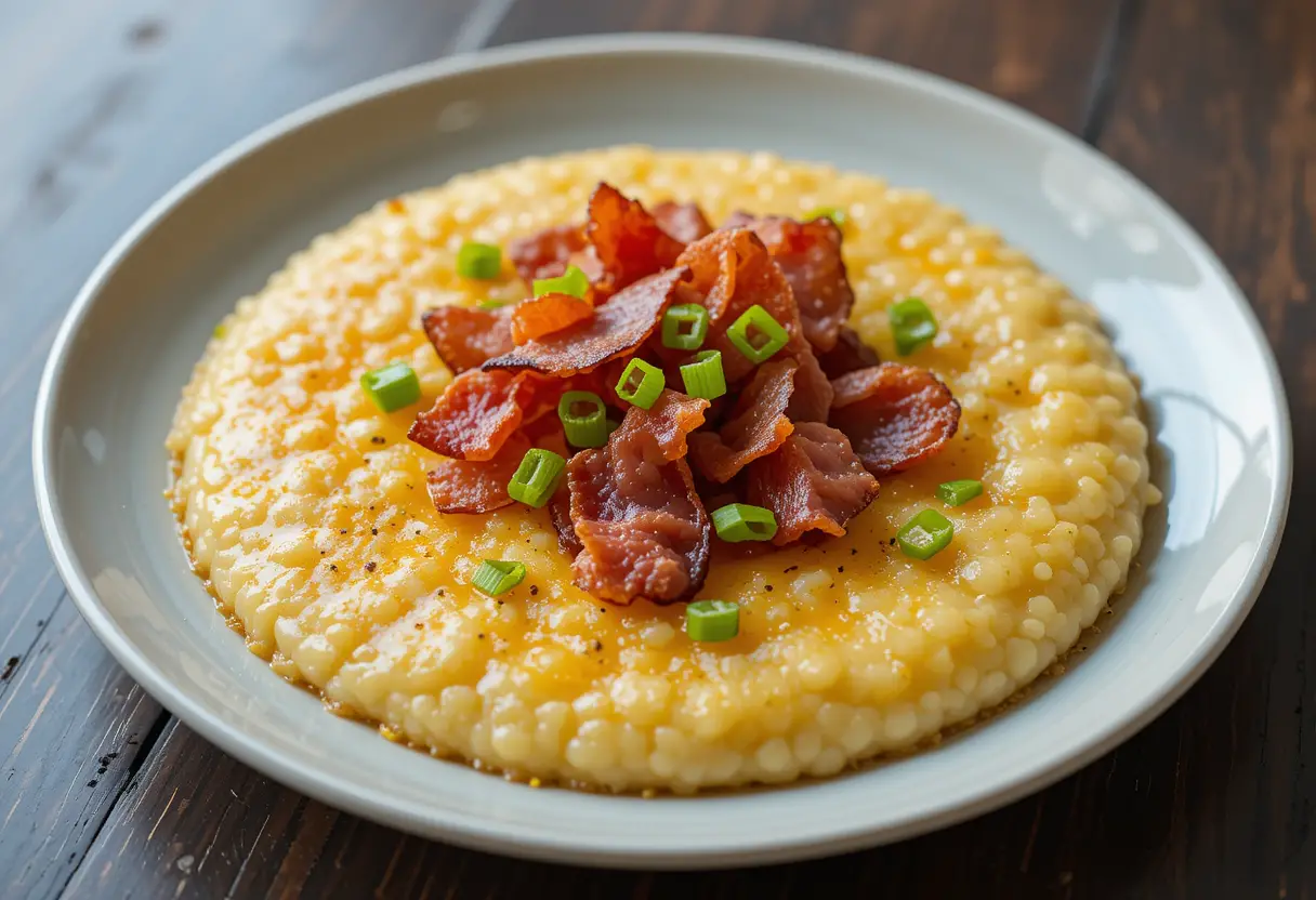 A plate of cheese grits served with crispy bacon and a sprinkle of green onions