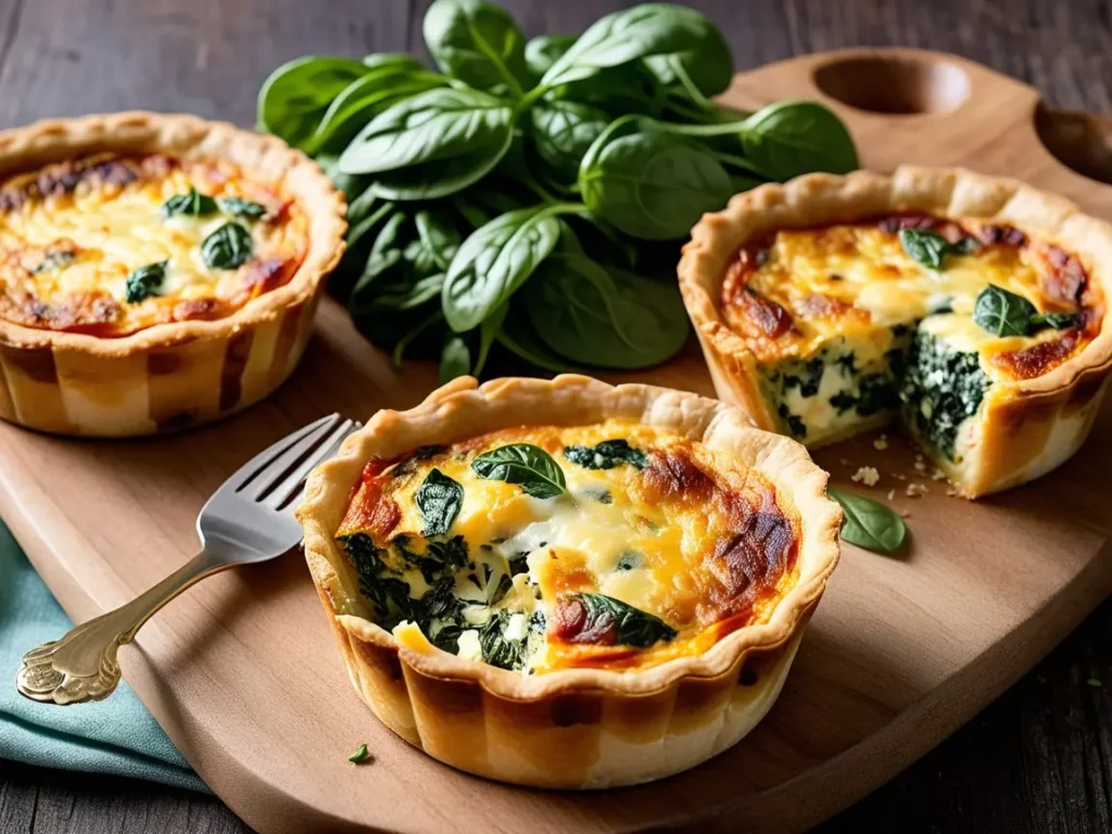 A warm crustless quiche served in individual portions, with cheese, spinach, and a golden finish