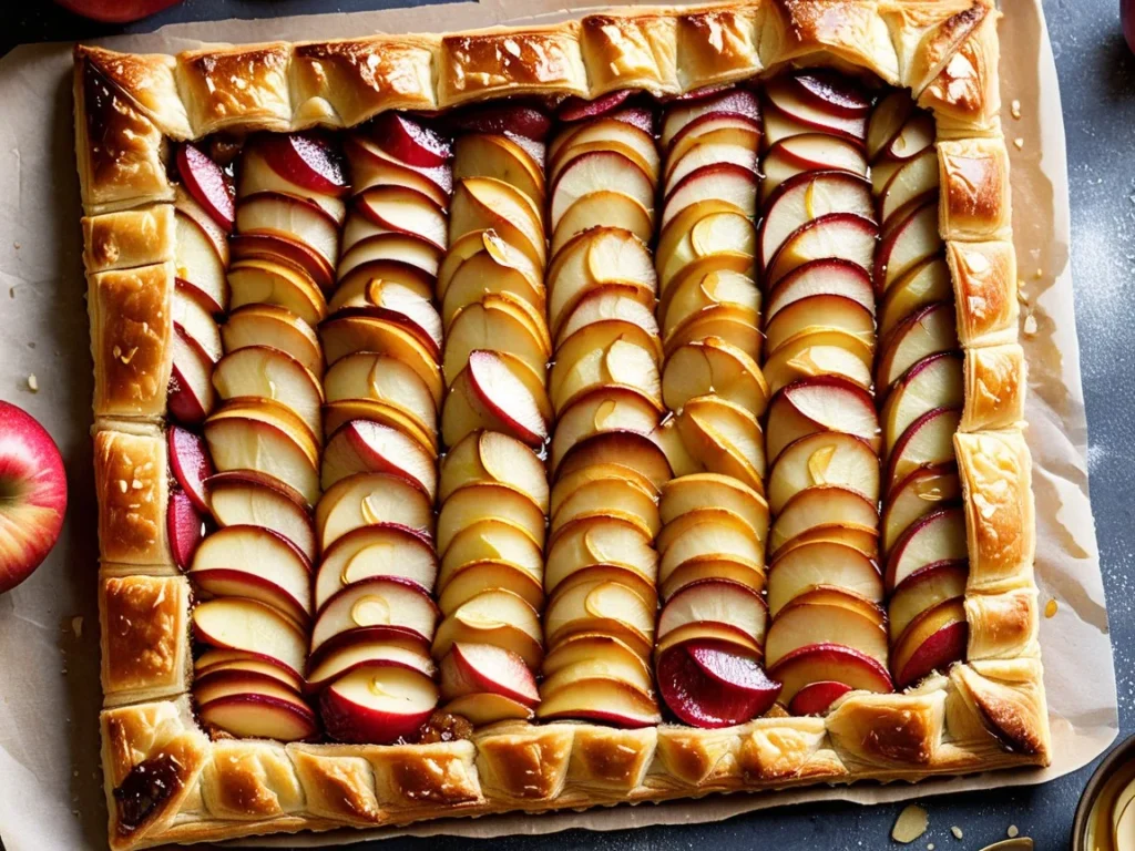 Rustic puff pastry apple tart on a baking sheet with golden edges and a drizzle of honey