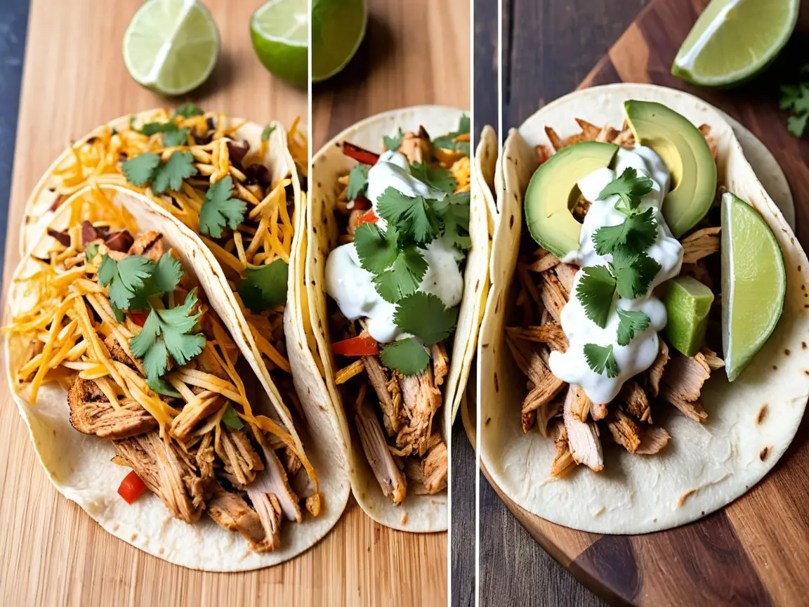 A side-by-side comparison of grilled and shredded chicken tacos on a wooden board