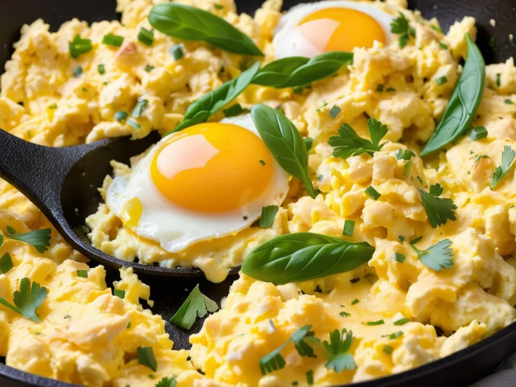 Close-up of scrambled eggs cooked in a skillet with melted butter