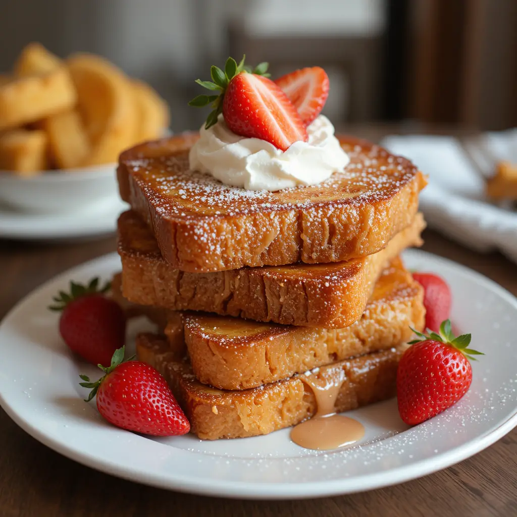 Sliced French toast stacked on a plate, with whipped cream and a few fresh strawberries on top