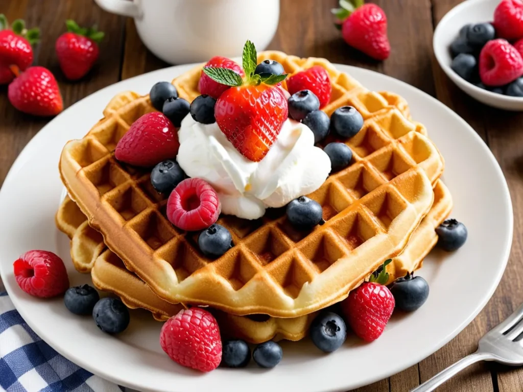 Golden waffles topped with fresh strawberries, blueberries, and whipped cream