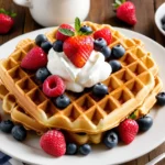 Golden waffles topped with fresh strawberries, blueberries, and whipped cream