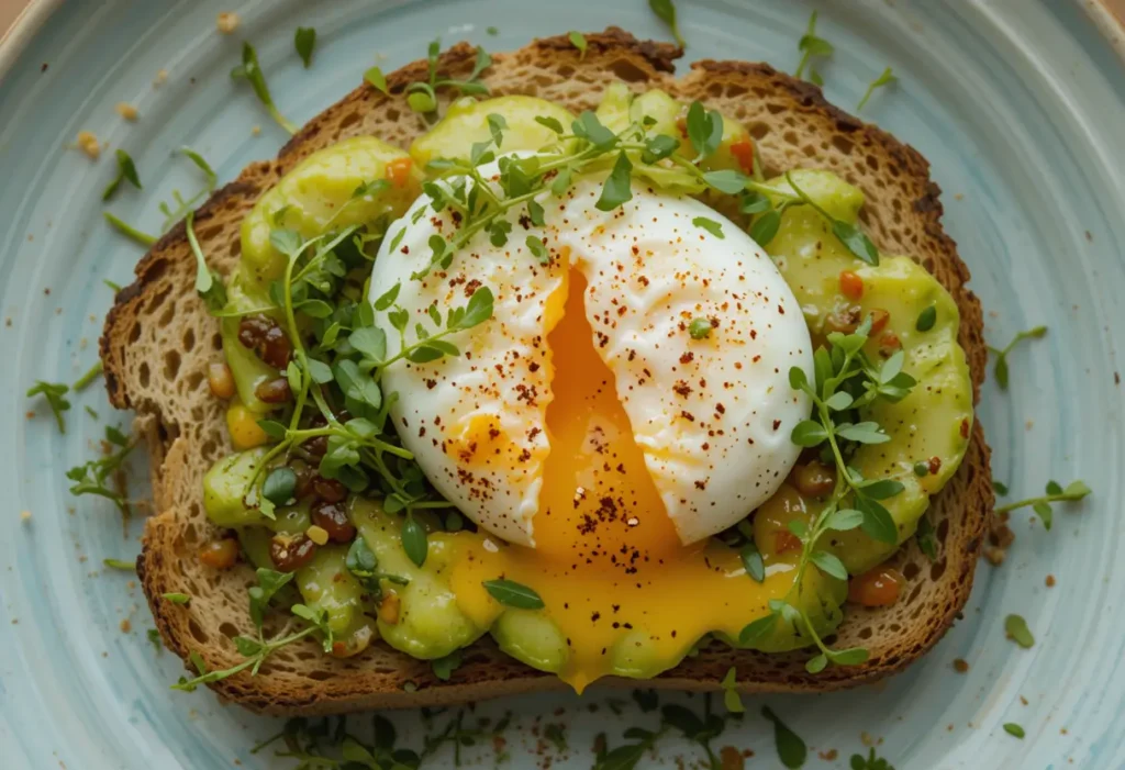 A slice of avocado toast topped with a poached egg, chili flakes, and microgreens