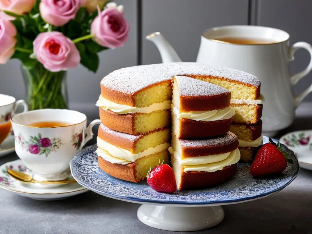 Tesco Victoria sponge cake displayed on a cake stand with tea cups in the background