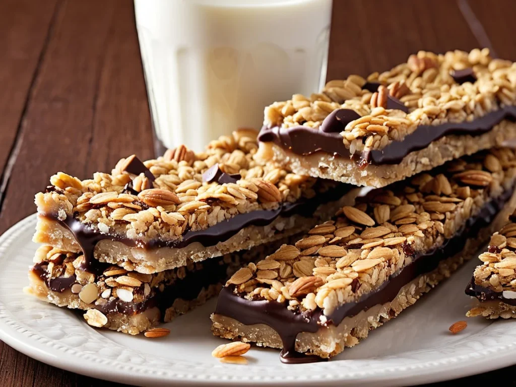 Granola bars dipped in dark chocolate, sprinkled with shredded coconut and nuts