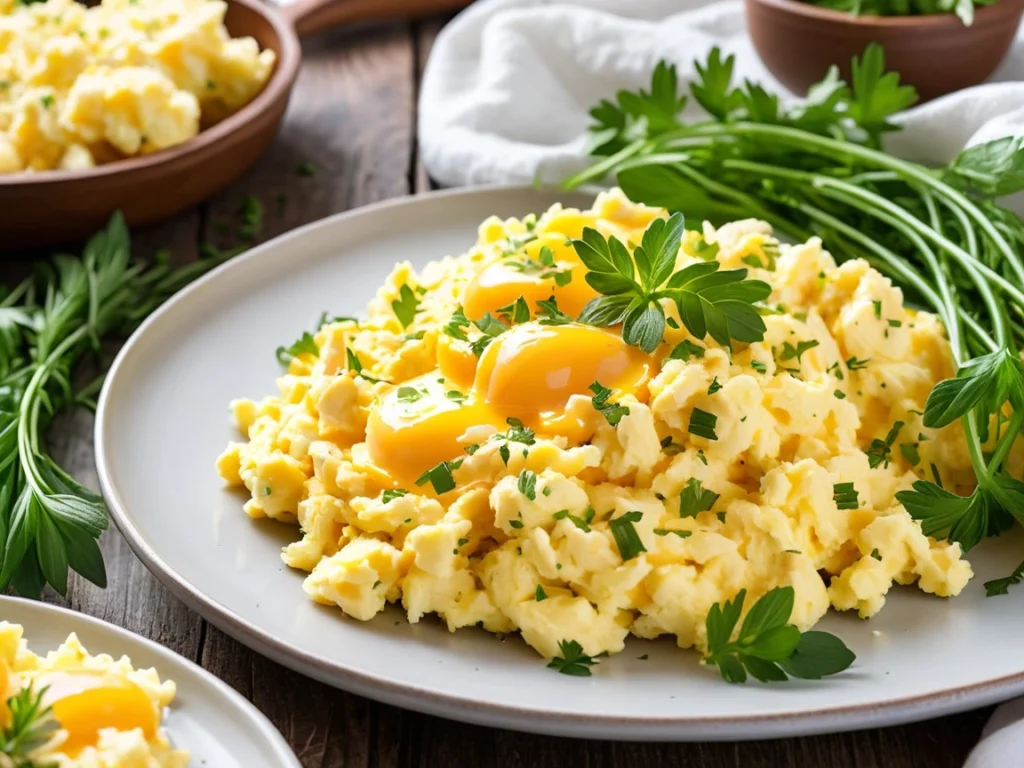 Golden, fluffy scrambled eggs served on a plate with fresh herbs