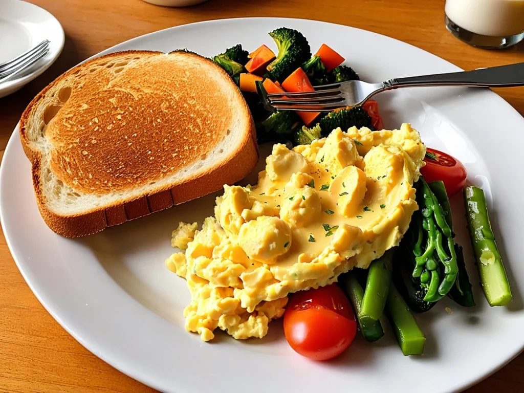 Scrambled eggs served with toast and sautéed vegetables