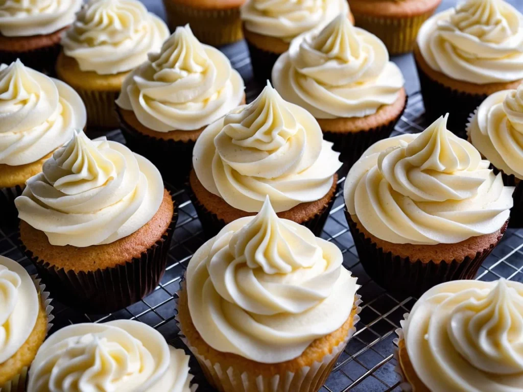 Swirls of cream cheese frosting piped onto freshly baked cupcakes