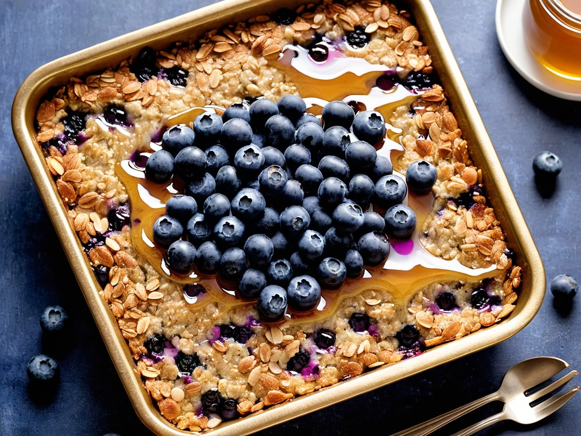 A golden tray of baked oatmeal topped with fresh blueberries and a drizzle of honey