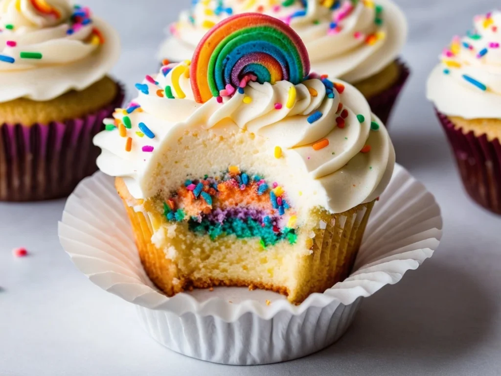 Close-up of a single cupcake with rainbow sprinkles and a swirl of buttercream frosting