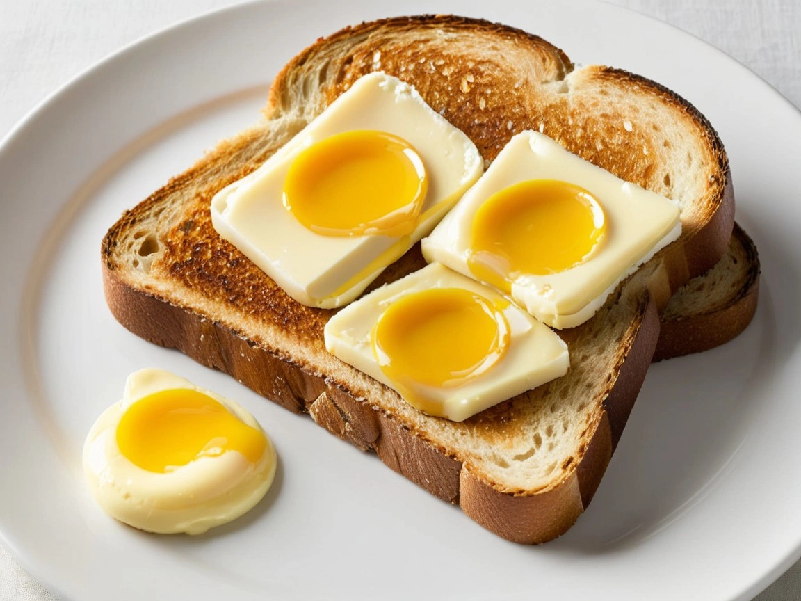 Golden brown toast with melted butter on a white plate