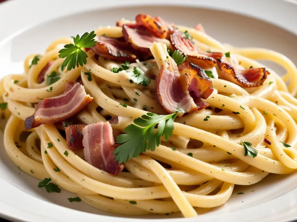 Close-up of carbonara pasta with a silky sauce, bacon, and parsley garnishing the dish