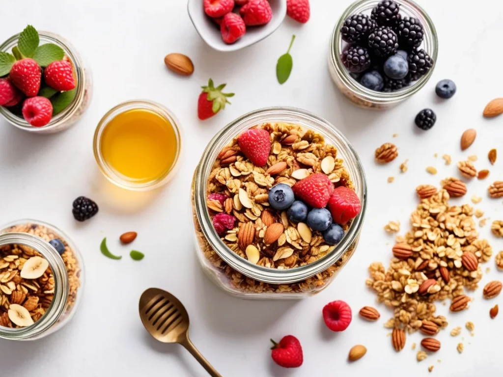 A glass jar of homemade granola with fresh berries, nuts, and honey on a clean white background