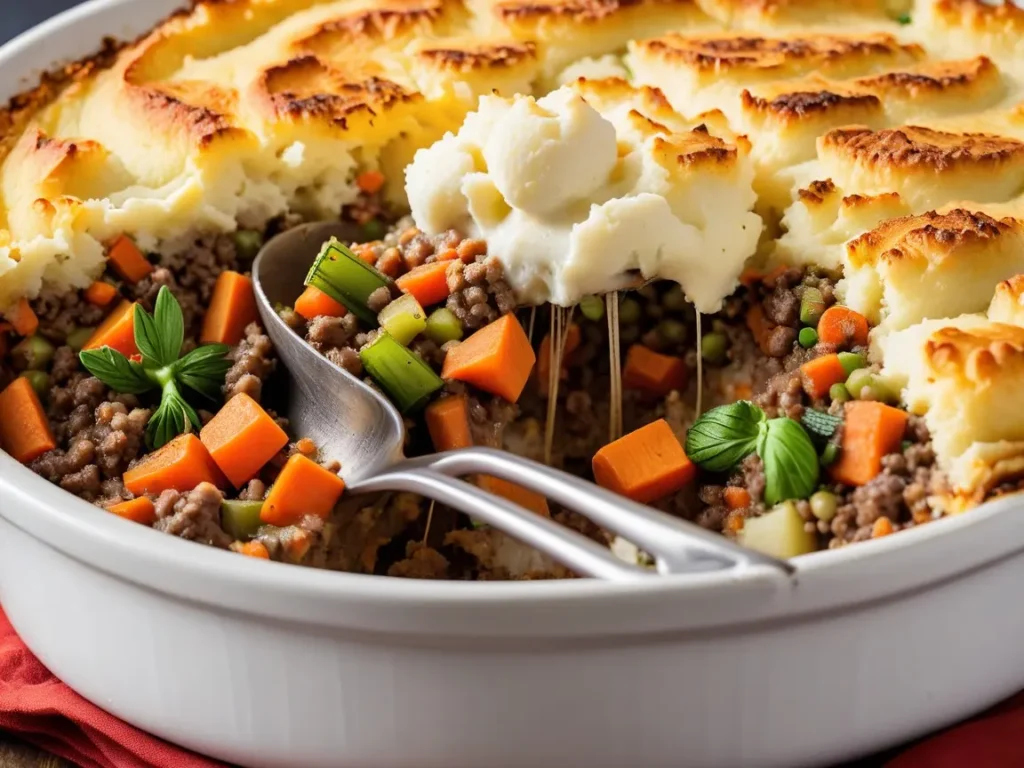 Close-up of vegetarian Shepherd’s pie with a scoop taken out, revealing layers of vegetables and mashed potatoes