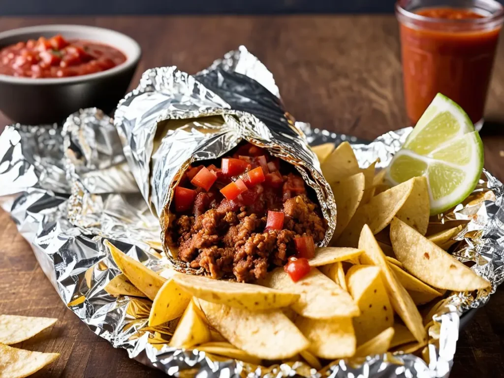 A Chipotle burrito wrapped in foil with a side of chips and salsa