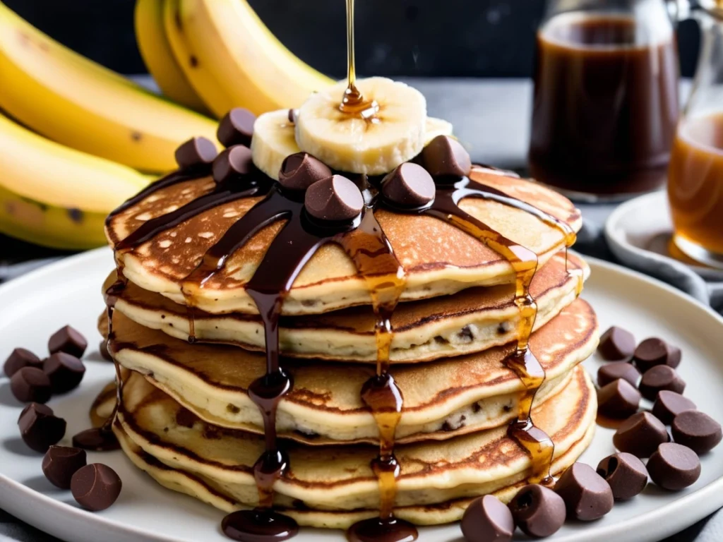 A stack of fluffy banana pancakes served with chocolate chips and syrup