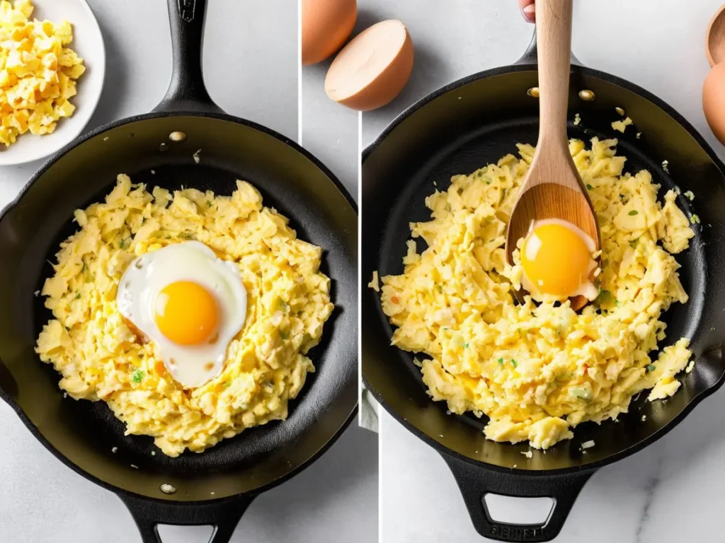 Cooking scrambled eggs in a skillet while gently stirring