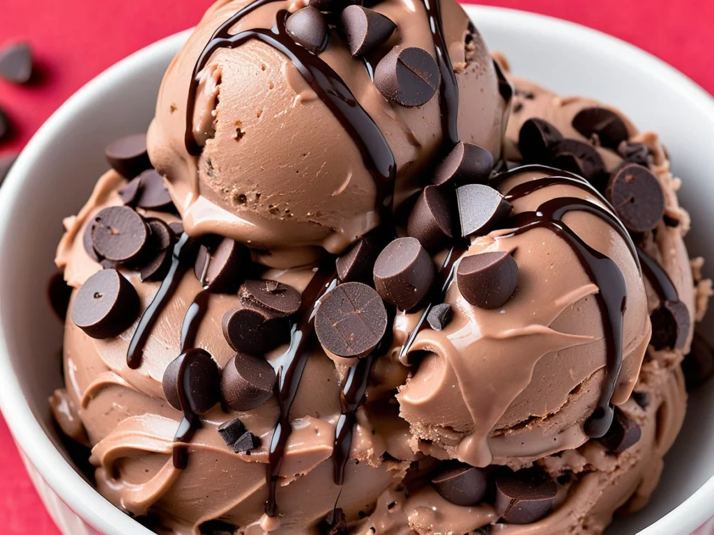 A creamy swirl of chocolate frozen yogurt with a drizzle of dark chocolate and chocolate chips