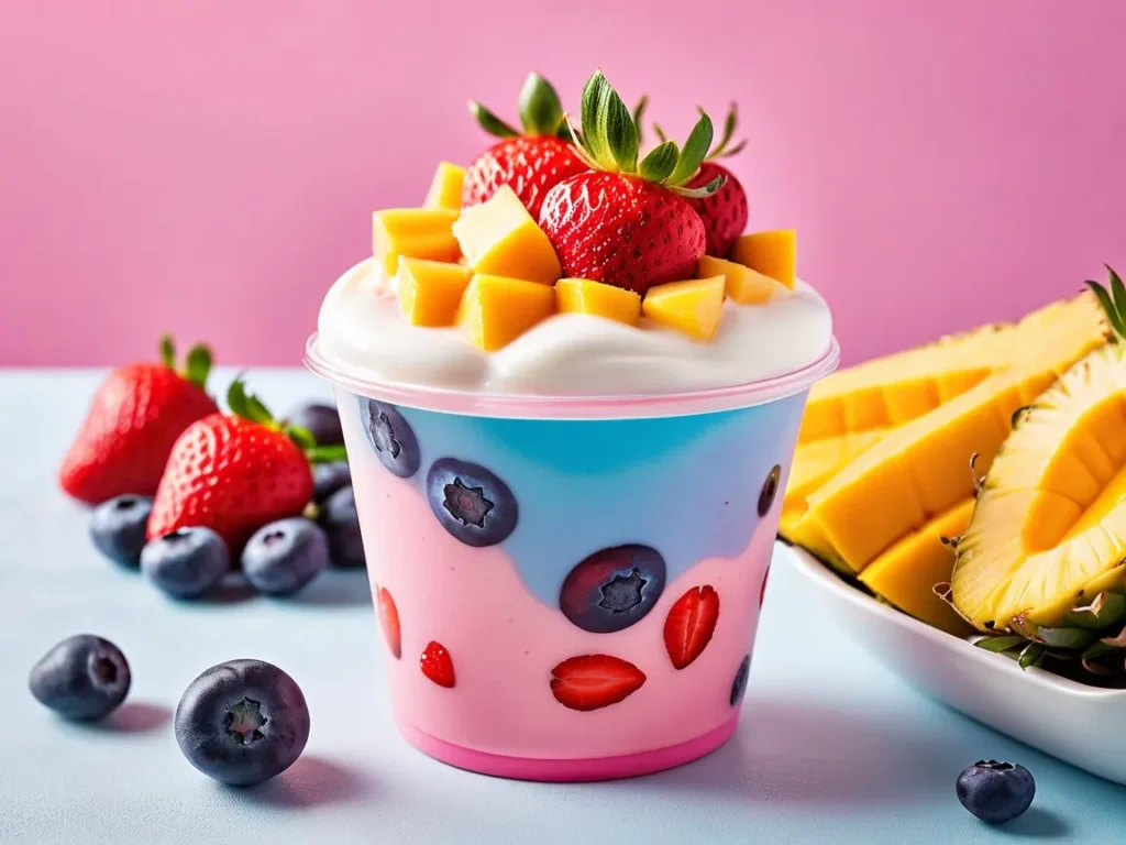 Original Pinkberry frozen yogurt topped with strawberries, pineapple, mango, and blueberries