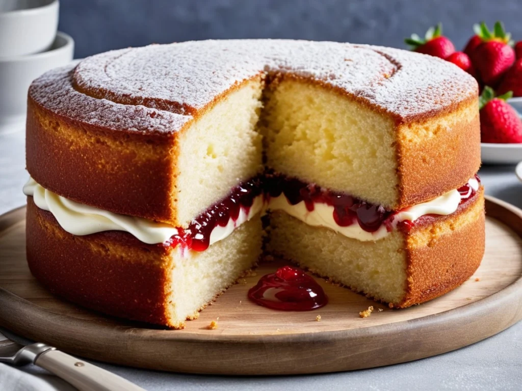 A sliced Tesco Victoria sponge cake revealing its jam and cream layers