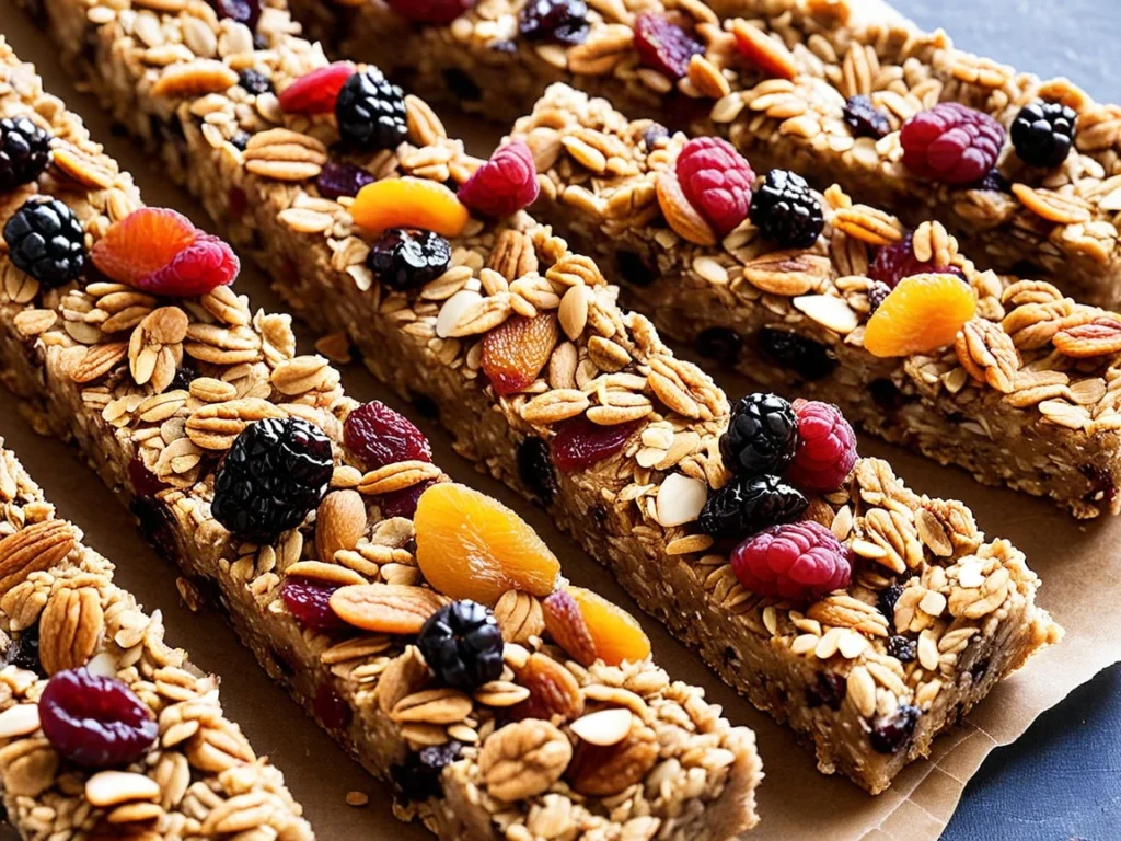 Chewy granola bars with dried cranberries, raisins, and chopped almonds on a wooden board