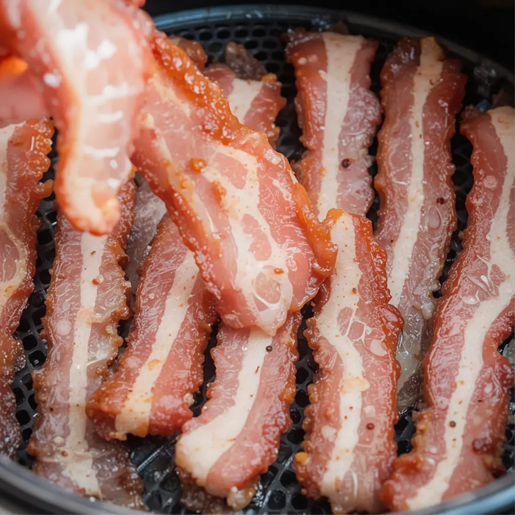 Close-up of bacon strips being placed in an air fryer basket