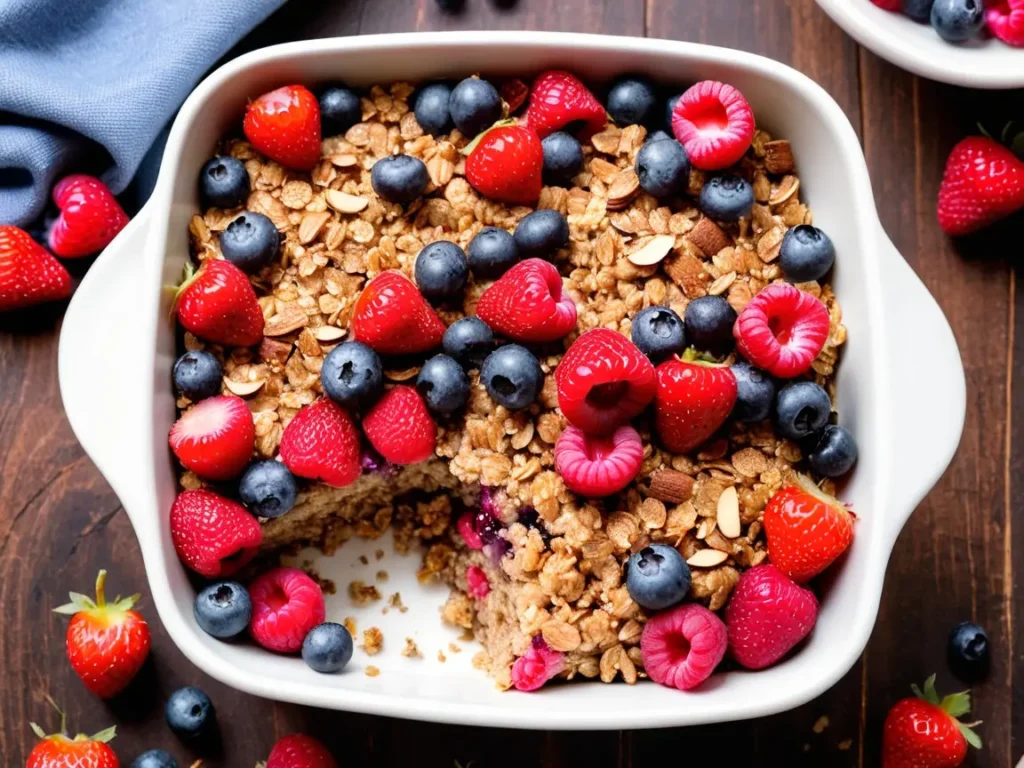 Vegan baked oatmeal topped with fresh berries and a sprinkle of cinnamon