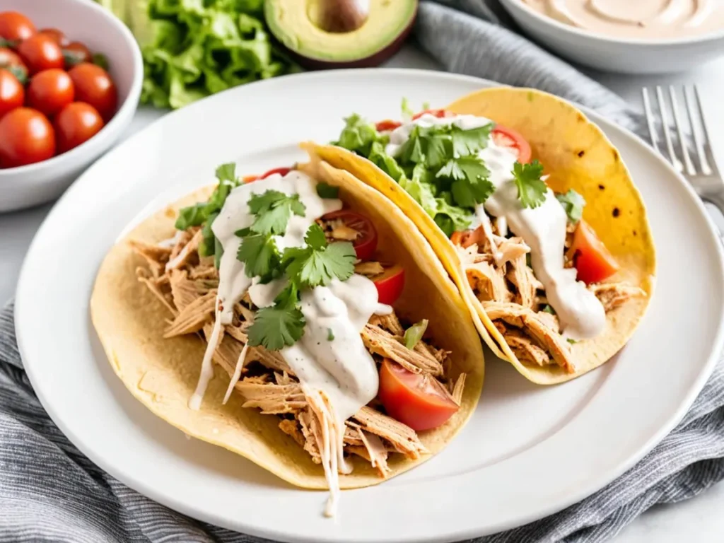 Shredded chicken tacos with a creamy sauce, lettuce, and tomatoes on a plate