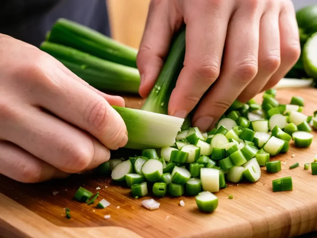 A close-up of fresh scallions being chopped on a cutting board