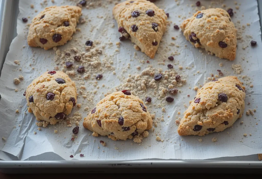 A batch of orange cranberry scones on a parchment-lined baking sheet, ready to go into the oven