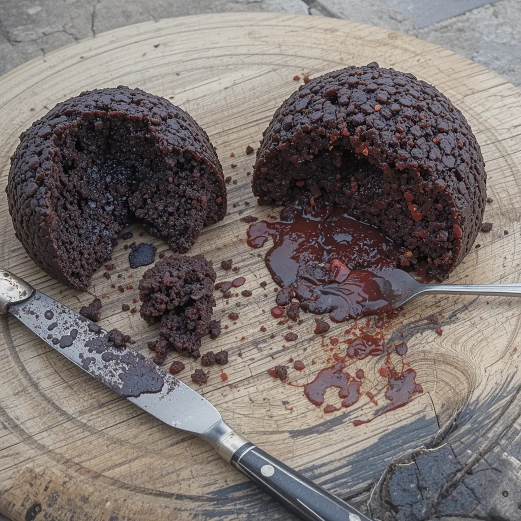 Two types of puddings on a wooden board: black pudding and blood pudding, with a knife and fork