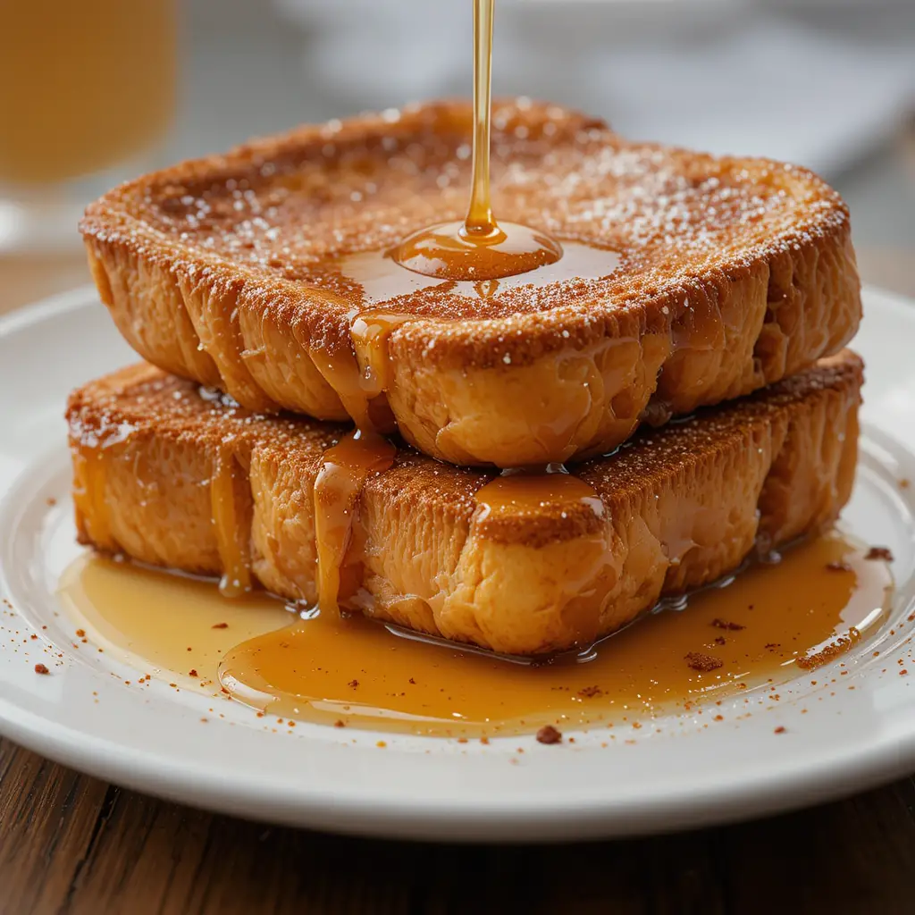 A close-up of French toast with syrup pouring over the top, garnished with a sprinkle of cinnamon