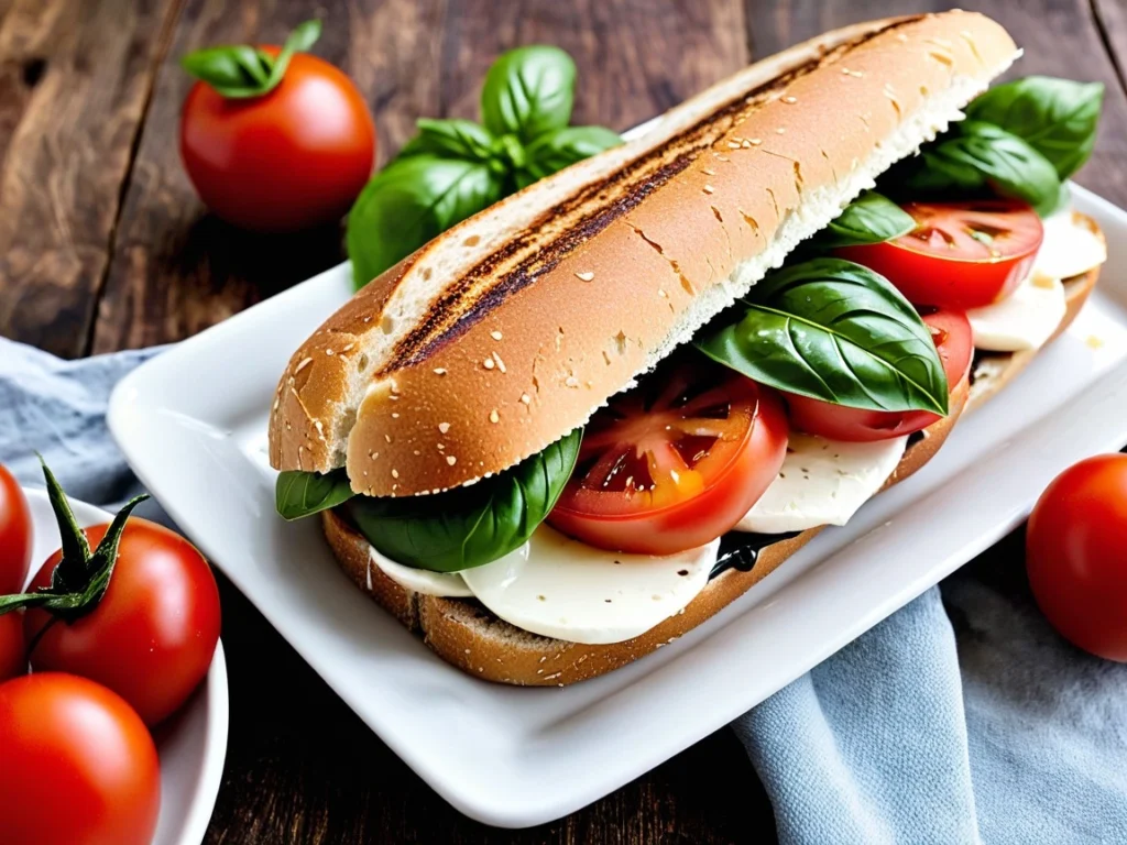 A fresh Caprese sandwich with mozzarella, tomatoes, basil, and a drizzle of balsamic glaze