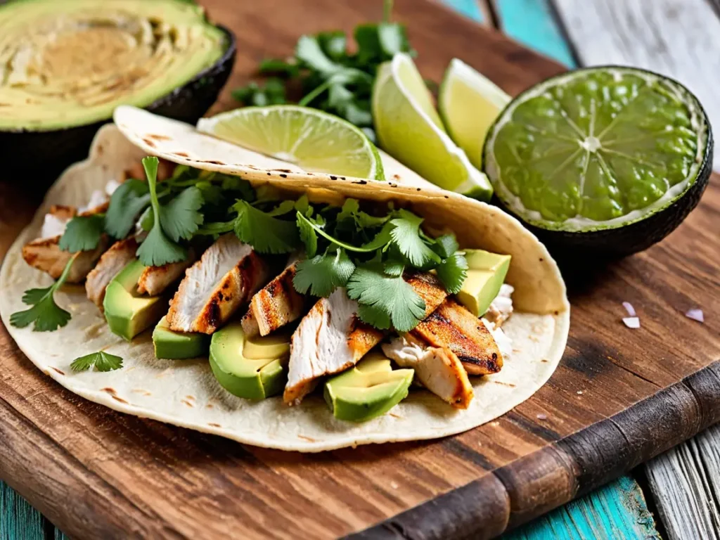 A close-up of grilled chicken taco with avocado, cilantro, and lime on a rustic wooden table