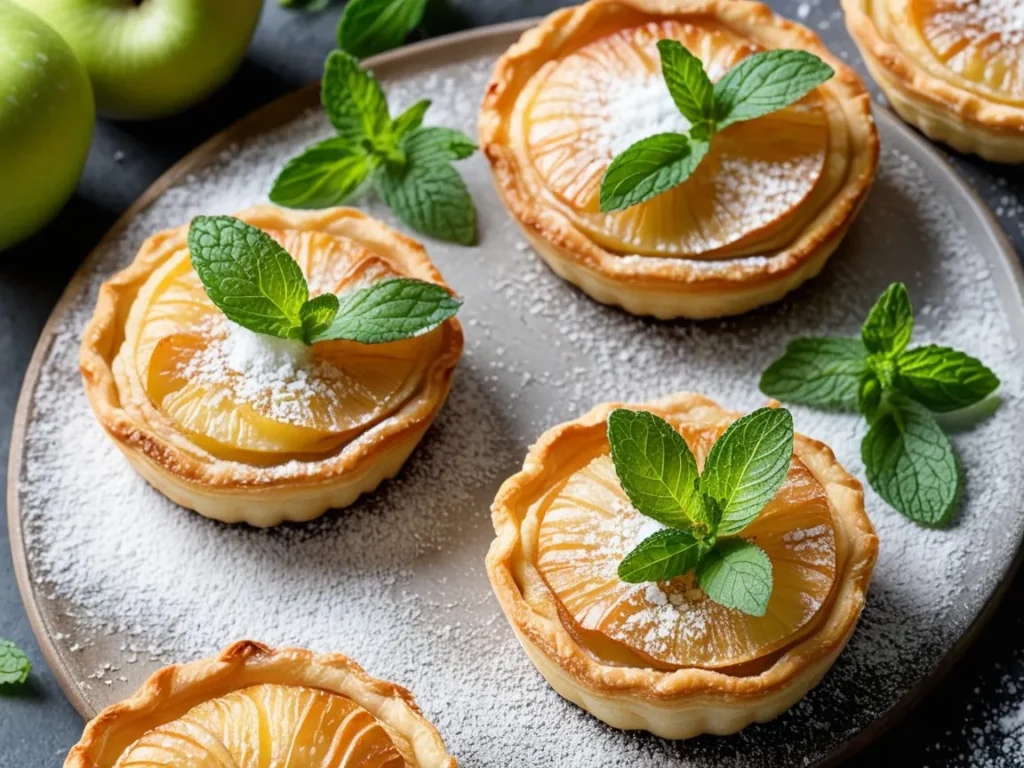 Mini puff pastry apple tarts garnished with powdered sugar and a sprig of mint