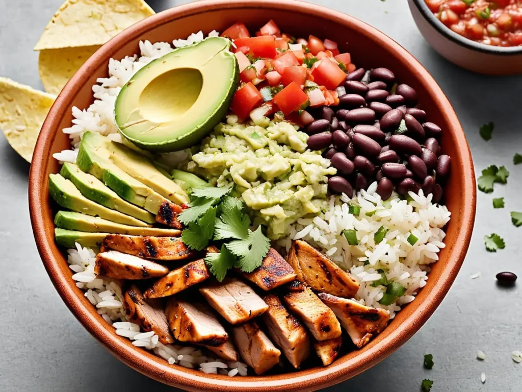 A Chipotle bowl filled with rice, beans, grilled chicken, and fresh toppings like guacamole and salsa