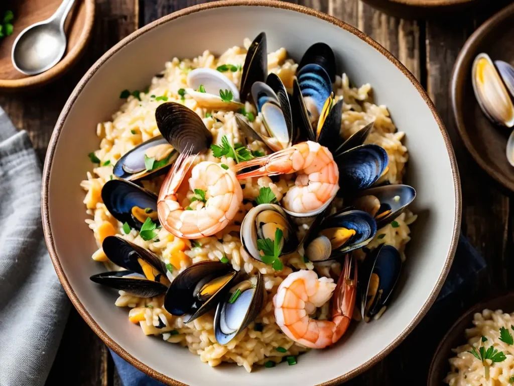 Seafood risotto with shrimp, mussels, and clams, served in a rustic bowl