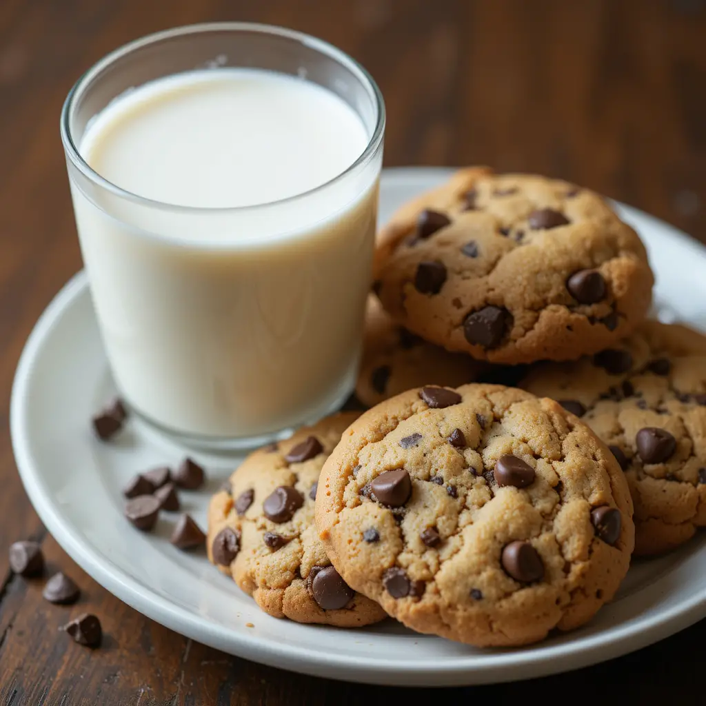 A plate of freshly baked chocolate chip cookies with a glass of milk on the side