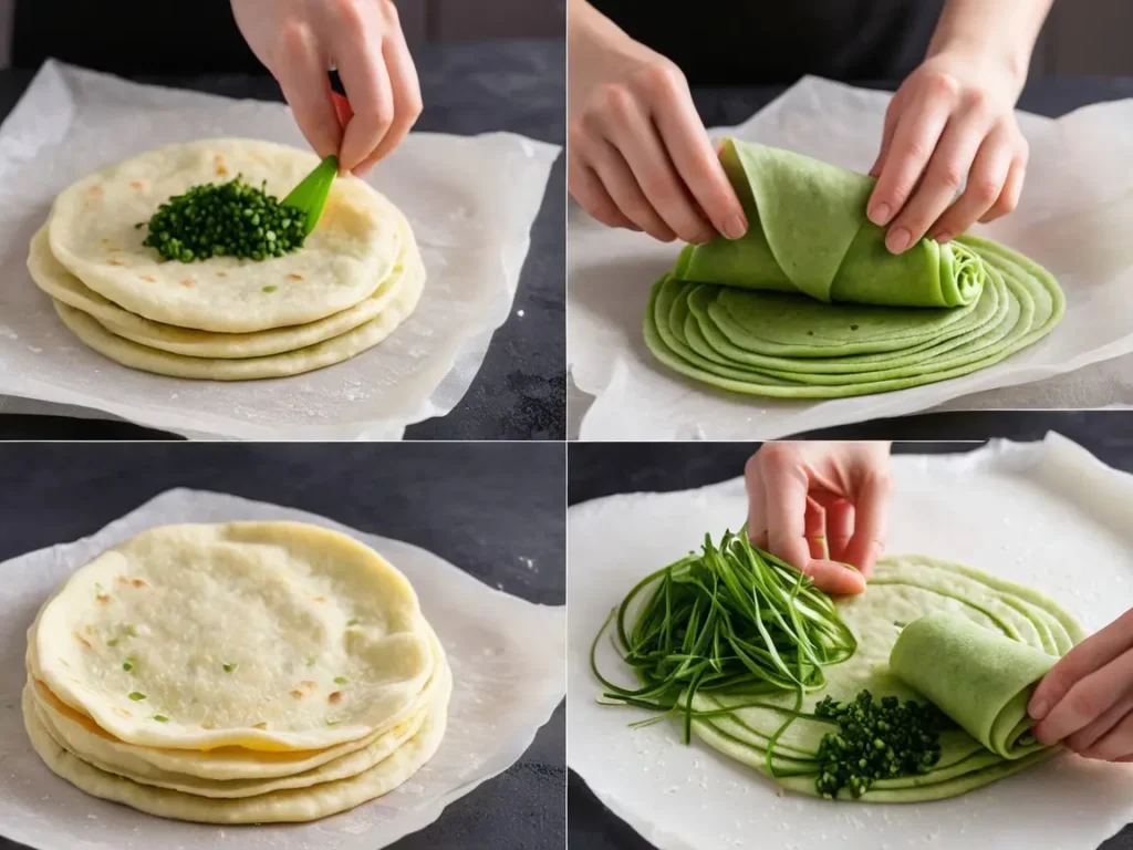 Scallion pancakes being rolled and shaped on a floured surface