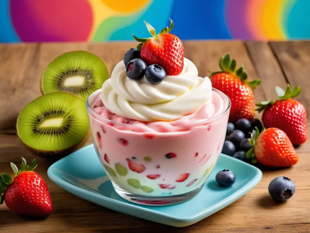 A swirl of vanilla and strawberry frozen yogurt topped with fresh fruits like strawberries and kiwi