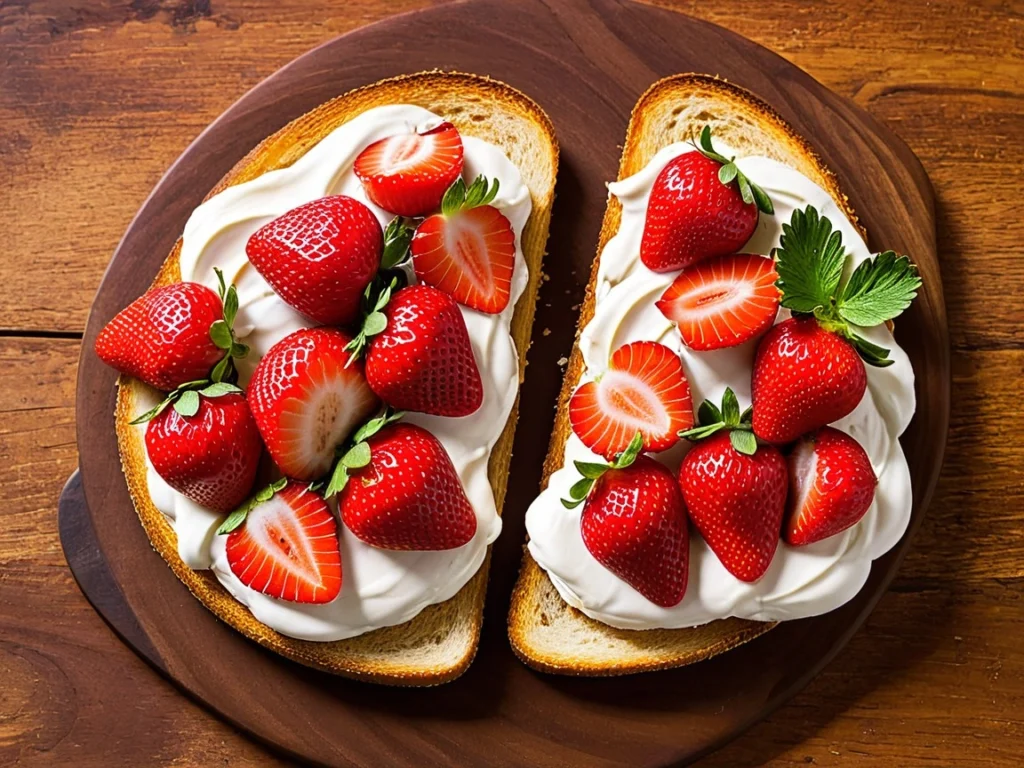 Toast topped with cream cheese, fresh strawberries, and a drizzle of honey