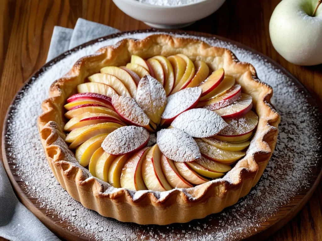 Apple tart served on a wooden plate with a dusting of powdered sugar