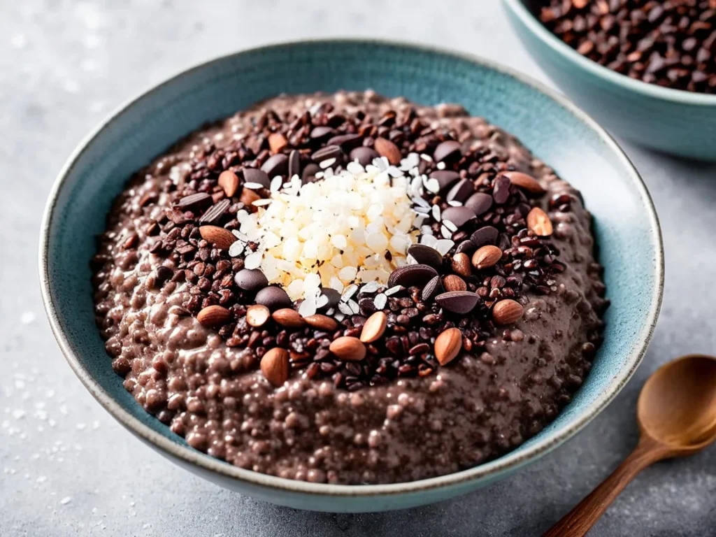 Chocolate chia seed pudding served in a bowl with cacao nibs and a sprinkle of sea salt